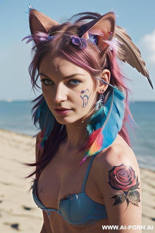 face, ((sexy)), beautiful, ((face painting)), ((bikini as seashell)), ((tattoo roses)), ((eyes shw)), ((angel wings)), ((rainbow hair)), ((one rose in hair) ((long bu hair)), ((wind)), (( cat face)), - #main