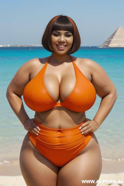 egyptian queen wearing orange and black colored swimsuit, (bobcut hairstyle), (((massive huge breasts))), full body view, photorealistic, ((chubby woman)), ((wide hips)), ((huge butt)), beach, smiling, ((showing armpit)) - #main
