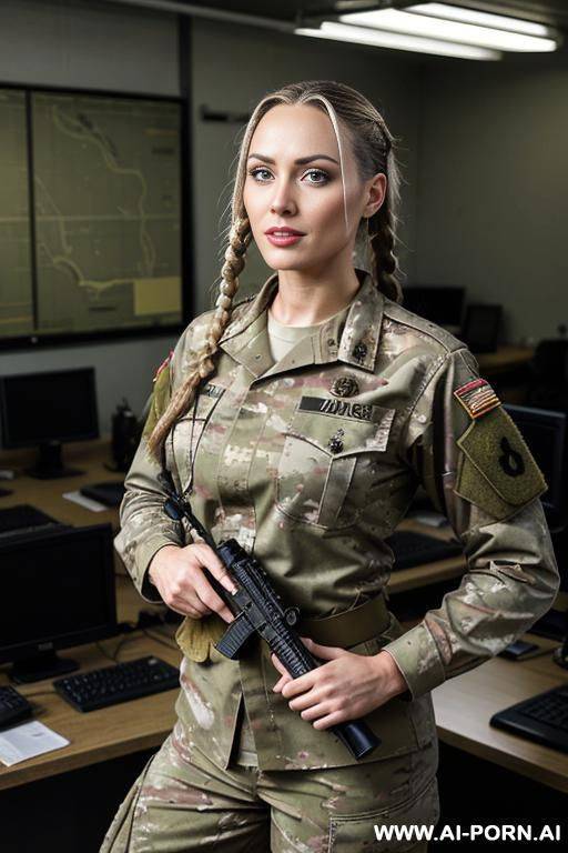 she wearing military uniform, her big boobs visible, sexy female-soldier, she looks around by attion - #main
