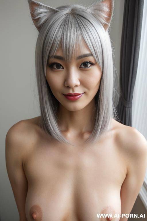 selfie, doe eyes, pretty face, perfect pretty, a peerless pretty, cosplay, (hair length:1), bangs, silver hair color, silver cat ear, proud face, naked, ((large nipples)), (erect nipples), room - #main