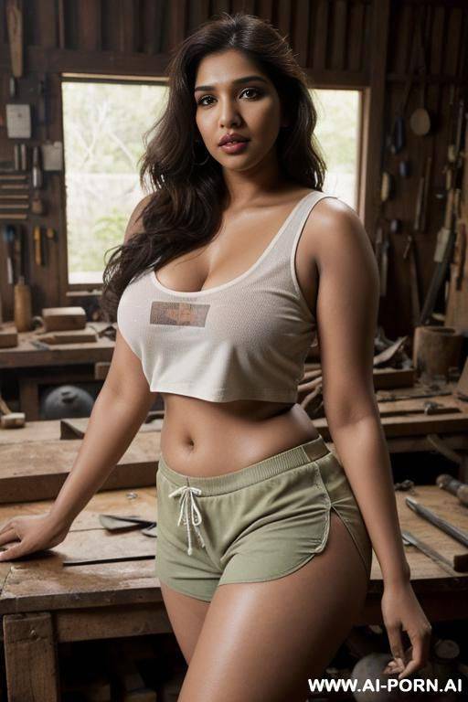 bhumi pednekar in a wood workshop, leaning on the workbench, wearing skimpy booty shorts and over sized sleeveless basketball tshirt, tattoo on the hands and chest, - #main