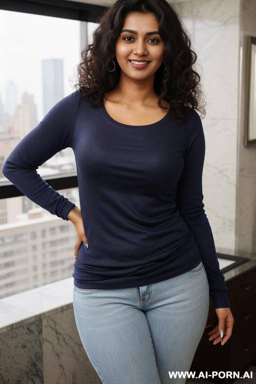 ((crew neck shirt)), long sleeve blue crew neck shirt , (((busty))), standing in a fancy luxurious sky rise penthouse in manhattan, bathroom, large windows, photorealistic, dark complexion, (ultra detailed photo), (hyper realistic photo) - #main