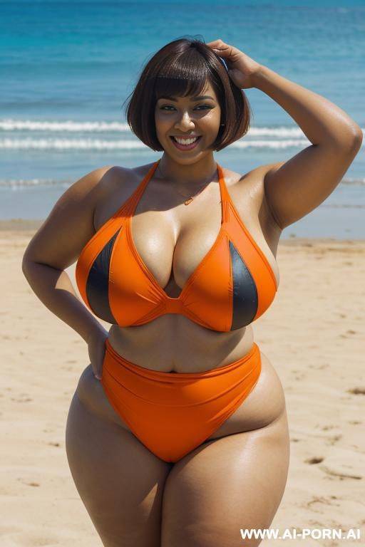 egyptian queen wearing orange and black colored swimsuit, (bobcut hairstyle), (((massive huge breasts))), full body view, photorealistic, ((chubby woman)), ((wide hips)), ((huge butt)), beach, smiling, ((showing armpit)), (0 years old) - #main