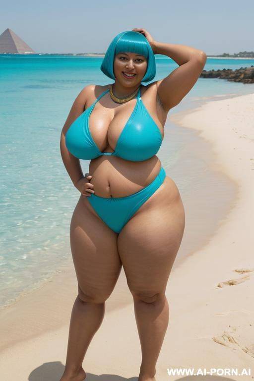 egyptian queen wearing cyan colored swimsuit, (bobcut hairstyle), (((massive huge breasts))), full body view, photorealistic, ((chubby woman)), ((wide hips)), ((huge butt)), beach, smiling, ((showing armpit)), (fifty years old) - #main