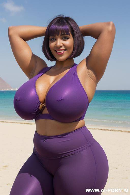 egyptian queen wearing purple colored yoga pants, (bobcut hairstyle), (((massive huge breasts))), full body view, photorealistic, ((chubby woman)), ((wide hips)), ((huge butt)), beach, smiling, ((showing armpit)), (fifty years old) - #main