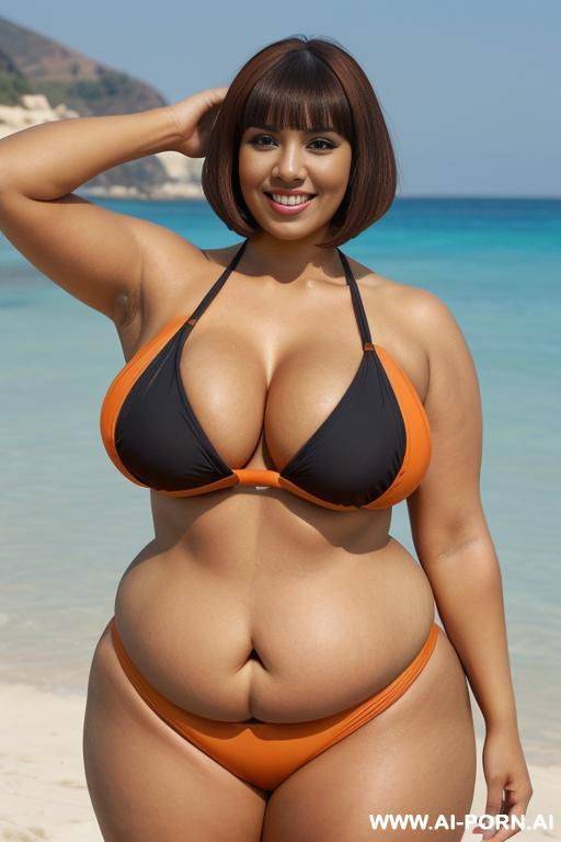 egyptian queen wearing orange and black colored swimsuit, (bobcut hairstyle), (((massive huge breasts))), full body view, photorealistic, ((chubby woman)), ((wide hips)), ((huge butt)), beach, smiling, ((showing armpit)), (fifty years old) - #main