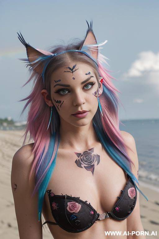 face, ((sexy)), beautiful, ((split hair 2 color)), ((percing nose)), ((face painting)), ((bikini as seashell)), ((tattoo roses)), ((eyes shw)), ((angel wings)), ((rainbow hair)), ((one rose in hair) - #main