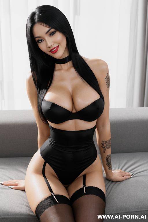 stunning woman, looking at viewer, perfect smile, bimbo, long straight black hair, makeup, large fake breasts, fit body, toned abs, tattoos on arms, chocker, black stockings, posing seductively on white couch, bright lighting, sharp focus - #main