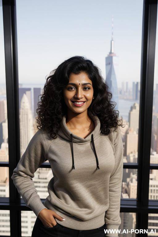 large sweatshirt , (((busty))), standing in a fancy luxurious sky rise penthouse in manhattan, bathroom, large windows, photorealistic, dark complexion, (ultra detailed photo), (hyper realistic photo) - #main