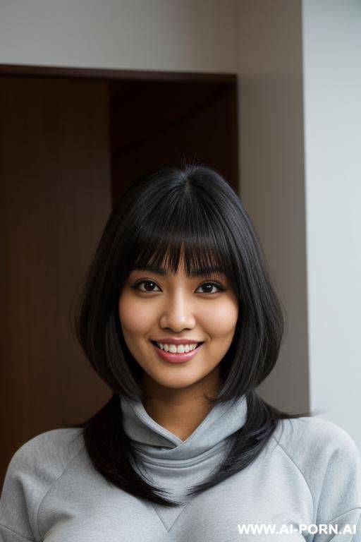 large sweatshirt , standing in a fancy luxurious sky rise penthouse in manhattan, photorealistic (japanese-indian), (((busty))), dark complexion, (ultra detailed photo), (hyper realistic photo) - #main