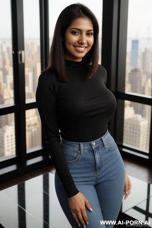 (colorful crew neck shirt), standing in a fancy luxurious sky rise penthouse in manhattan, photorealistic (mexican-indian), ((busty)), dark complexion, (ultra detailed photo), (hyper realistic photo) - #main