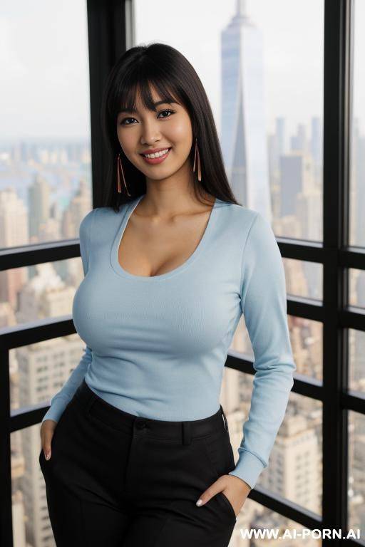 (colorful crew neck shirt), standing in a fancy luxurious sky rise penthouse in manhattan, photorealistic (japanese-indian), (((busty))), dark complexion, (ultra detailed photo), (hyper realistic photo) - #main