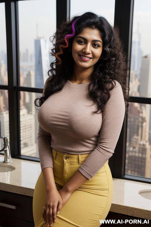 (colorful crew neck shirt), (((busty))), standing in a fancy luxurious sky rise penthouse in manhattan, bathroom, large windows, photorealistic, dark complexion, (ultra detailed photo), (hyper realistic photo) - #main