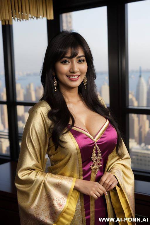 colorful dupatta, standing in a fancy luxurious sky rise penthouse in manhattan, photorealistic (japanese-indian), (((busty))), dark complexion, (ultra detailed photo), (hyper realistic photo) - #main