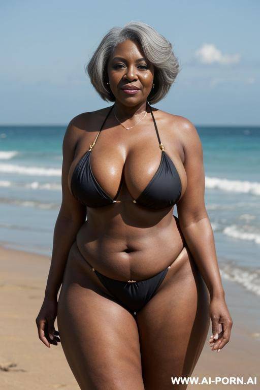 ebony granny, dressed in a bikini, standing in front, on a beach full of people, curvy, body, gray hair, bottomheavy, big, ass, huge, gigantic, thick, thighs, massive, , dggy, woman, pov, penis, - #main