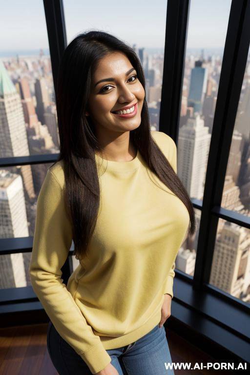 (colorful crew neck shirt), standing in a fancy luxurious sky rise penthouse in manhattan, photorealistic (mexican-indian), ((busty)), dark complexion, (ultra detailed photo), (hyper realistic photo) - #main