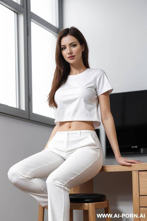 female doctor in skinthight white medicine t-shirt and pants sitting on a black stool, open legs - #main
