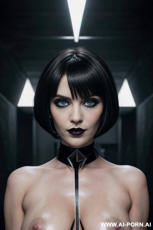 big blue eyes, (bobcut), black messy hair, (chocker), goth, ((massive saggy boobs)), perfect face, ((long face)), (dark strong eyeliner), ((dark circles under the eyes)), ((((sharp image)))), ((((high contrast)))), (((nude))), - #main