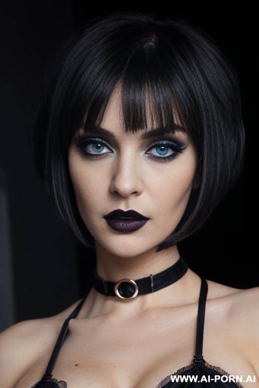 big blue eyes, (bobcut), black messy hair, (chocker), goth, ((massive saggy boobs)), perfect face, seductive teasing dominant stare, ((alluring)), (erotic), (aroused), (sexy eyes), (dark strong eyeliner), mild lipstick, ((dark circles under the eyes)), - #main