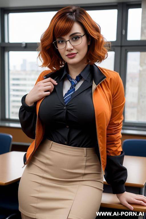 orange dye short bob with bangs, nuanced wavy hair, glasses, full body view, hourglass figure, massive boobs, spreading legs - #main