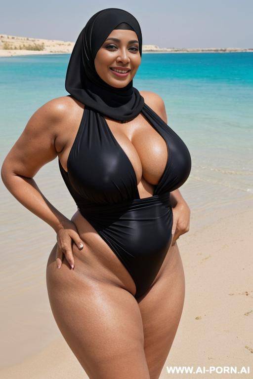 fourty year old egyptian queen wearing a black hyjab swimsuit, (hyjab), beach, ((enormous oversized breasts)), ((huge butt)), (showing armpits), smiling, photorealistic, full body view, ((chubby)) - #main
