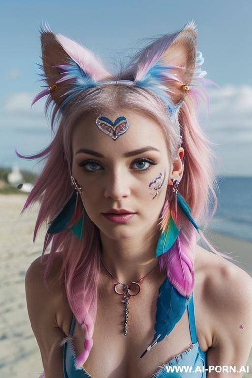 face, ((sexy)), beautiful, ((split hair color in 2)), ((percing nose)), ((face painting)), ((bikini as seashell)), ((tattoo roses)), ((eyes shw)), ((angel wings)), ((rainbow hair)), ((one rose in hair) - #main