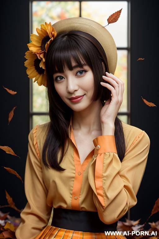 1woman, piano, instrument, blue eyes, playing instrument, solo, skirt, music, brown hair, long hair, leaf, flower, autumn leaves, sitting, shirt, blue shirt, long sleeves, window, black skirt, closed - #main