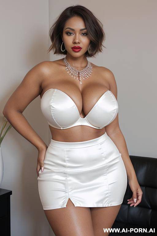 milf, shiny strapless white satin bra, shiny white high-leg thong panties, (((short bob cut voluminous hair))), (((gigantic saggy tits))), mature cougar milf, beautiful face, necklace, very dark red - #main