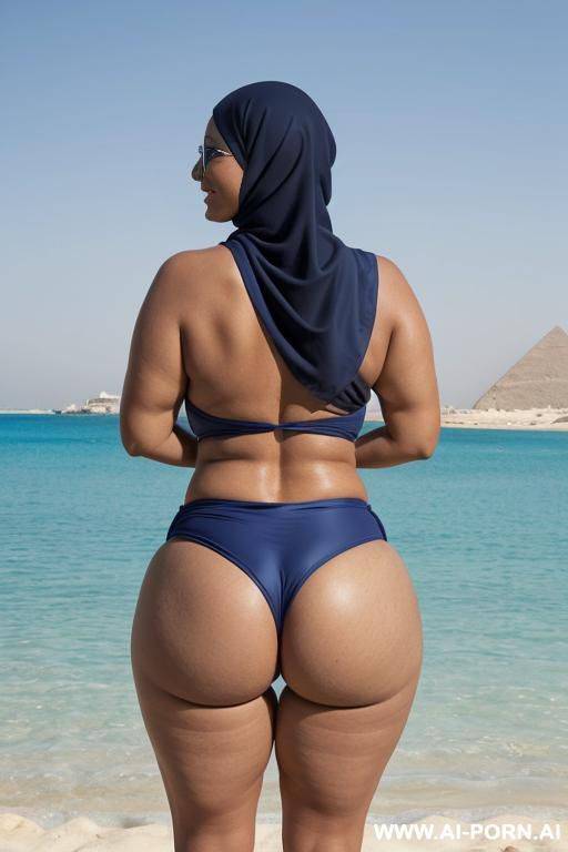 fourty year old egyptian queen wearing a dark blue hyjab swimsuit, (hyjab), beach, ((massive enormous oversized breasts)), ((huge butt)), (showing armpits), smiling, photorealistic, full body view, ((chubby)), (wide hips), (squatting), (view from back) - #main