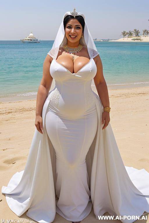 fourty year old egyptian queen wearing a white wedding dress, (hyjab), beach, (((massive enormous breasts))), ((huge butt)), (showing armpits), smiling, photorealistic, full body view, ((chubby)), (wide hips) - #main