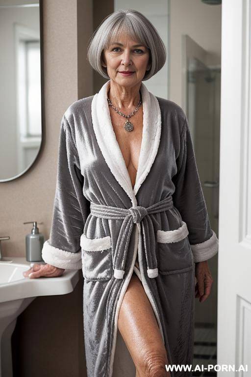 matured old milf, wrinkles, wrinkled skin, aging marks, extremely tanned skin, necklace, elries, perfect eyes, bathroom - #main