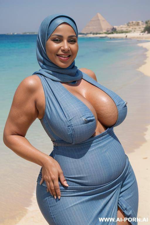 fourty year old egyptian queen wearing bikini hyjab, (((huge clothed tits))), (hyjab), beach, (((massive enormous breasts))), ((huge butt)), ((showing armpits)), smiling, photorealistic, full body view, ((chubby with thick arms)), (wide hips) - #main