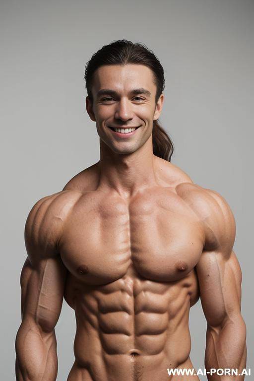 (white background), closeup view exaggarating muscle size and definition, (naked), (nude). (white pallid skin). hard & pallid, (extremely beautiful gaunt womans face with high cheekbones), coy eye - #main