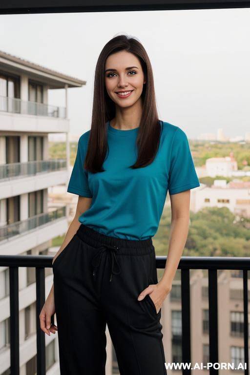 (crew neck shirt), short sleeve crew neck teal shirt, black jogger pants, balcony of modern mansion, night time , lean, (photorealistic) (brunette texan), (ultra detailed photo), (hyper realistic photo), (asin) - #main