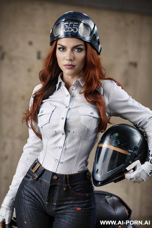 (((enormous perfect natural tits))); (((((((blue jeans, white shirt, and black full face motorcycle helmet))))))); (((((riding a crotch rocket))))); beautiful green eyes, athletic, ((((seductive loving - #main