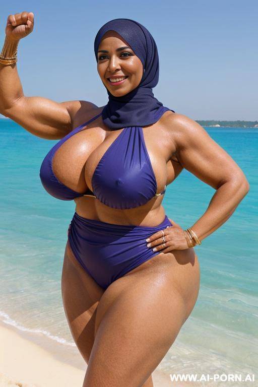 fourty year old egyptian queen wearing bikini hyjab, (hyjab), beach, (((massive enormous breasts))), ((huge butt)), ((showing armpits)), smiling, photorealistic, full body view, ((chubby with muscles)), (wide hips) - #main