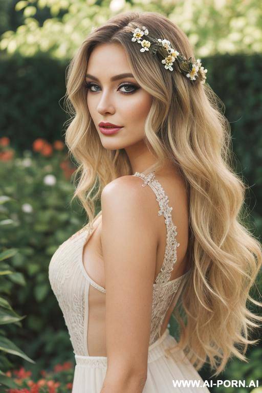 pretty, flowing wavy hair, dark straw blonde hair, makeup, garden background. - #main