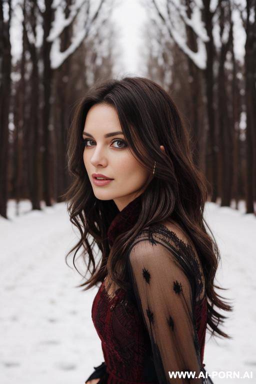 pretty, hungarian, 30, narrow face, flowing messy hair, dark brown hair, standing, dress, winter background. - #main