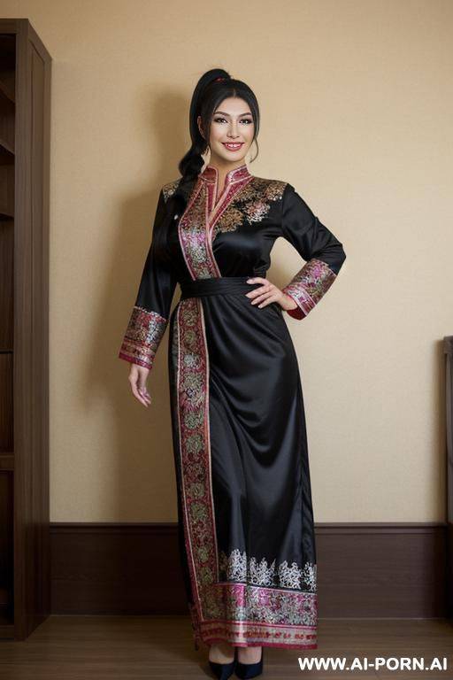 an uzbek woman, from uzbek nation origin. she is pretty, beautiful and so sexy. she wears shingles long burdy national uzbek dress. long black ponytail hair. she smiling - #main