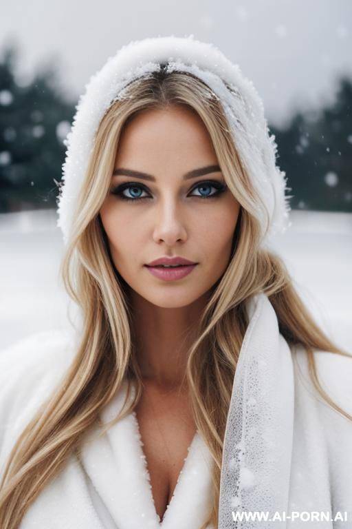 pretty, hungarian, 30, narrow face, flowing messy hair, dark straw blonde hair, snow background. - #main