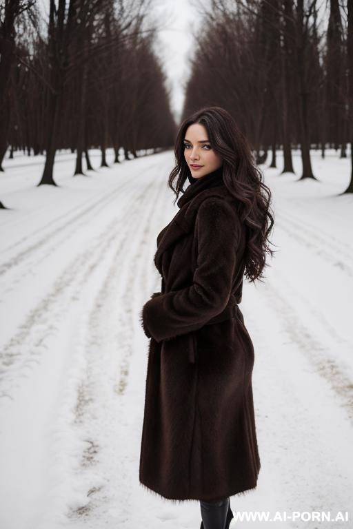 pretty, hungarian, 30, narrow face, flowing messy hair, dark brown hair, standing, full body shot, winter background. - #main