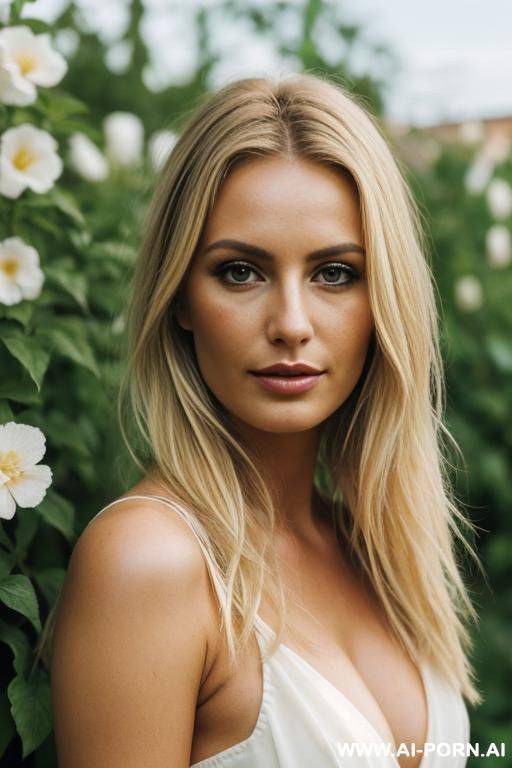 pretty, hungarian, 30, narrow face, messy hair, dark straw blonde hair, garden background. - #main