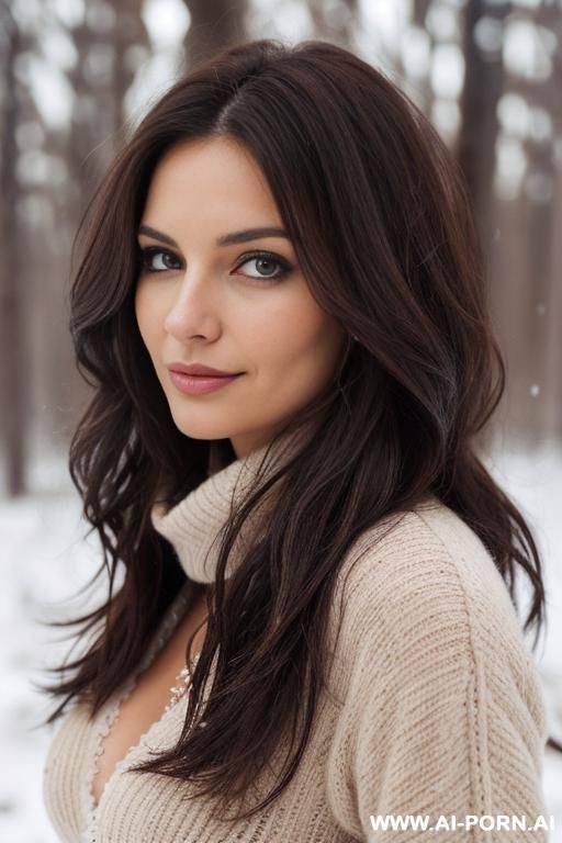 pretty, hungarian, 30, narrow face, flowing messy hair, dark brown hair, natural boobs, slight smile, standing, dress, winter background. - #main