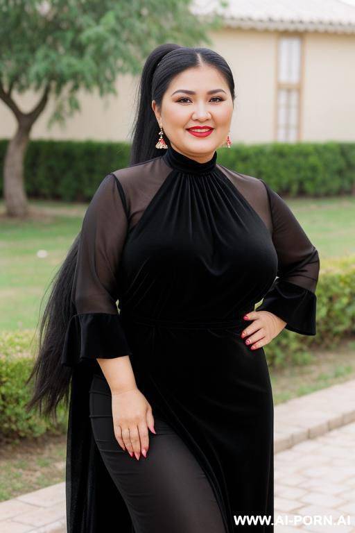 an uzbek older chubby woman, from uzbek nation origin. she is pretty, beautiful and so sexy. she wears shingles long burdy national uzbek slutty dress. long black ponytail hair. she smiling - #main