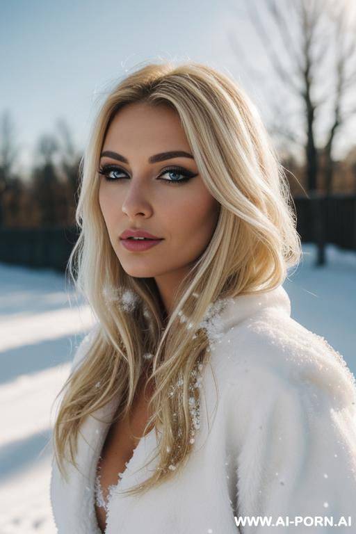 pretty, hungarian, 30, narrow face, messy hair, dark straw blonde hair, snow background. - #main