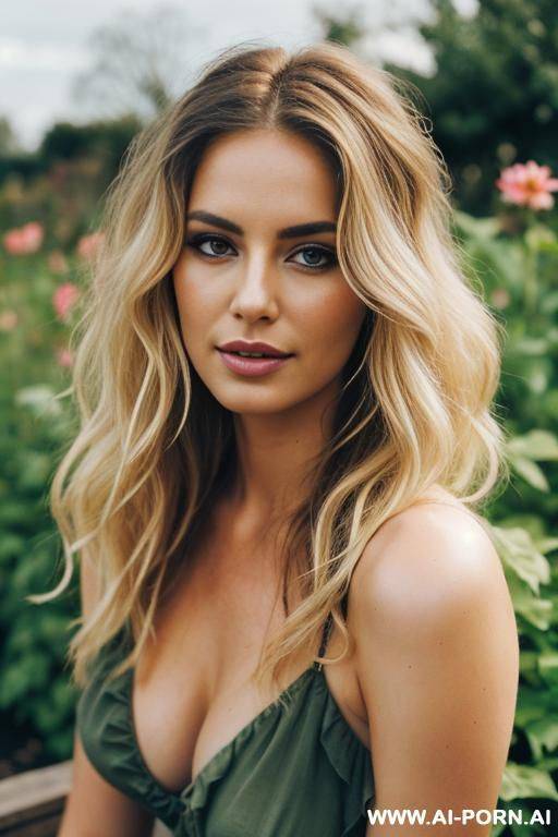 pretty, 30, messy wavy hair, dark straw blonde hair, garden background. - #main