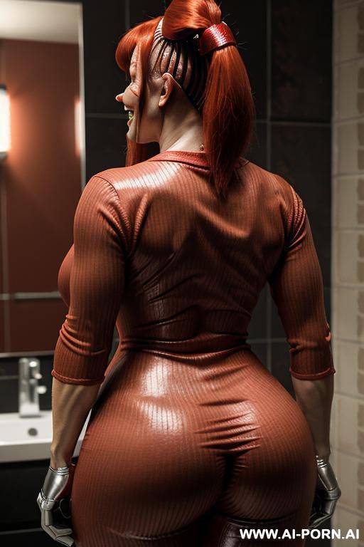 back view, big ass, a gorgeous woman wearing a colored low-cut v-neck sweater and tight jeans. she has a tight body. her tits are round and enormous. - #main