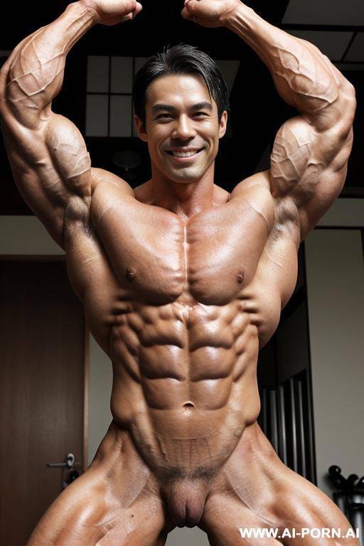 (steroid muscle lab background), (closeup view exaggarating muscle size and definition), (naked), (nude), ((1 woman only)), (white pallid skin). hard & pallid, ((very beautiful japanese womans face - #main