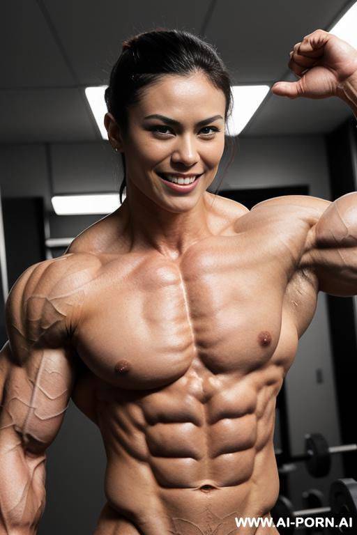 (muscle lab background), closeup view exaggarating muscle size and definition, (naked), (nude), ((1 woman only)), (white pallid skin). hard & pallid, ((extremely beautiful japanese womans face with - #main