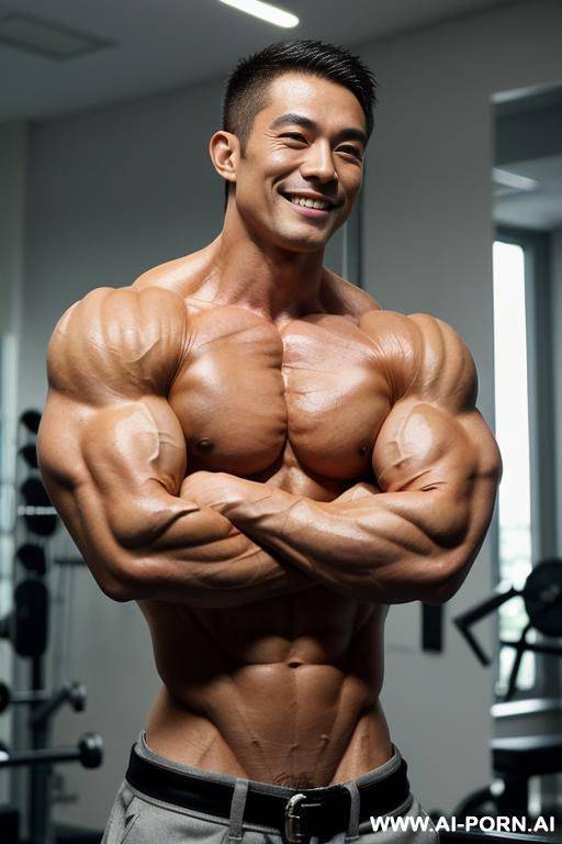 (muscle lab background), (closeup view exaggarating muscle size and definition), (naked), (nude), ((1 woman only)), (white pallid skin). hard & pallid, (((very beautiful korean womans face with high - #main